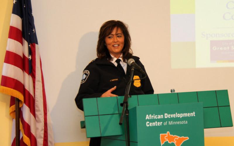 Police Chief of Minneapolis, Jeneé Harteau speaks from podium