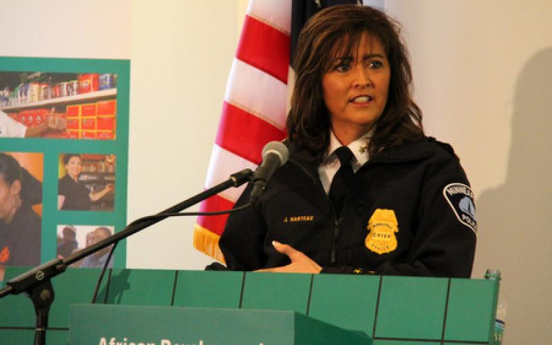 Police Chief of Minneapolis, Jeneé Harteau speaks from podium