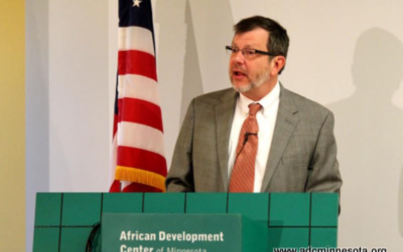 Eric W. Kaler, President of the University of Minnesota speaks at the podium